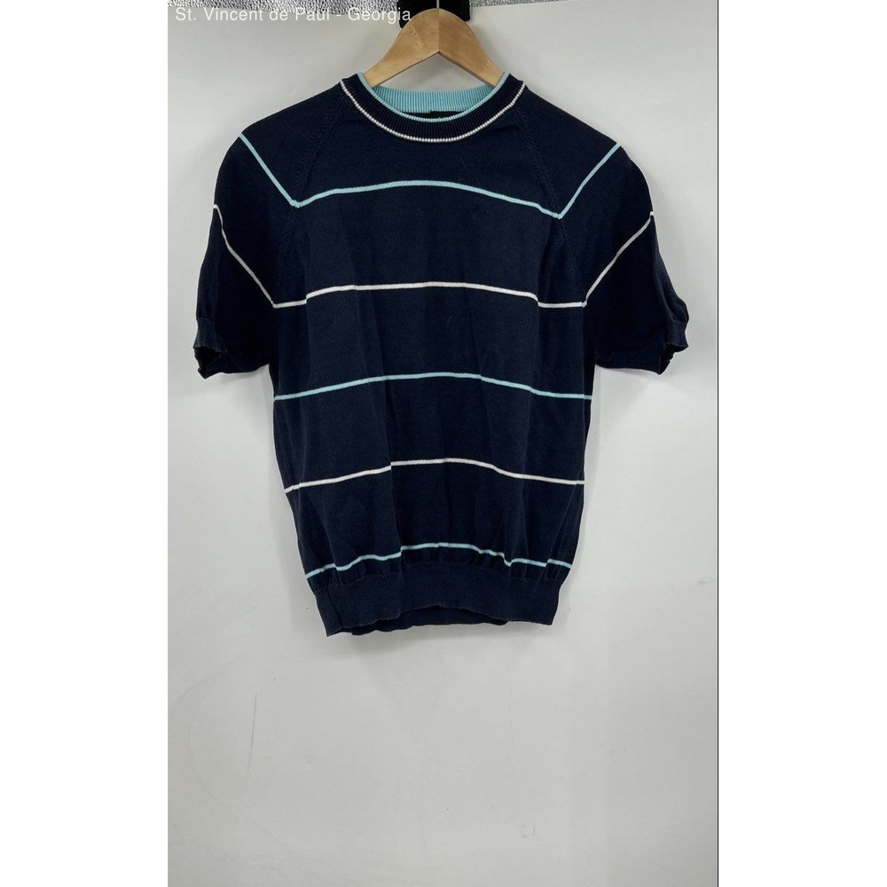 J.Crew Navy Striped Short‎ Sleeve USA Made Pullover Sweater Men's L 100% Cotton